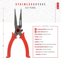 BUBBA 8.5" Stainless Steel Pliers with Non-Slip Handle, Spring Loaded with Crimping Tools and Anvil Cutters Lanyard Hole and Sheath